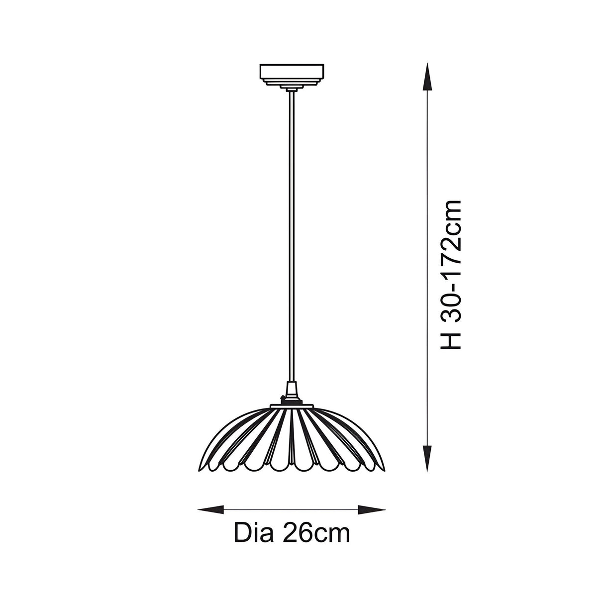 Technical line drawing of the Brackmont Camellia Pendant showing a scalloped glass shade with brass fitting, adjustable rod, 26cm diameter, height 30-172cm.