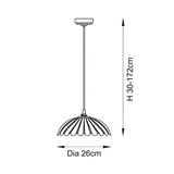 Technical line drawing of the Brackmont Camellia Pendant showing a scalloped glass shade with brass fitting, adjustable rod, 26cm diameter, height 30-172cm.