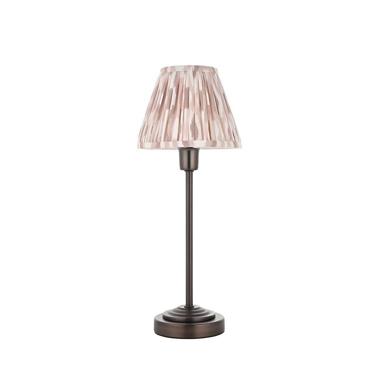 Bronze Cliffbourne Ikat Table Lamp with slim metal stem, stepped round base, and pleated tapered shade in soft ikat print.
