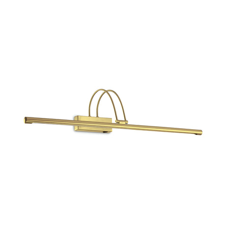 The Felix LED Picture Light 8W 3000K - Brass, with its sleek rectangular base and dual curved support arms extending to a long horizontal bar, is expertly designed for illuminating artwork.