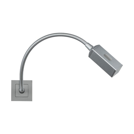 The Modular Reading Light 50 X 50mm - Grey is a wall-mounted LED reading light in a silver finish. It features a flexible gooseneck design, along with both the base and light head shaped as rectangles. For convenient illumination control, an easy-to-use on-off switch is located atop the light head.