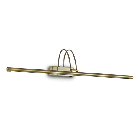The Felix LED Picture Light 8W 3000K - Antique Brass, measuring 76cm, features a sleek and elongated design. Its central fixture includes two curved supports and a long horizontal bar extending outwards, making it ideal for elegantly illuminating artwork or photos.