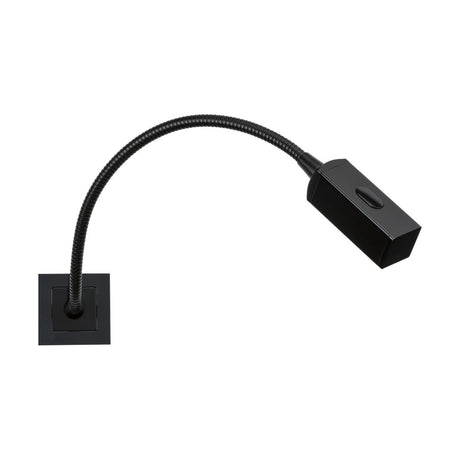 Introducing the Modular Reading Light 50 X 50mm - Black: A sleek and flexible LED reading light featuring a rectangular base and an elongated rectangular head. Its adaptable gooseneck gracefully arcs from base to head, offering convenient touch dimmer functionality for effortless adjustments.