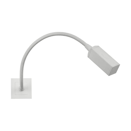 The Modular Reading Light 50 X 50mm in white features a flexible gooseneck design with a rectangular base and an elongated adjustable arm, complemented by an LED cylindrical lamp head. It's perfect for focused lighting tasks like reading or other activities, and it includes a touch dimmer to customize brightness according to your preference.