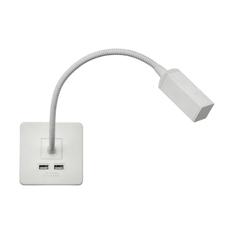 Introducing the LED Dimmable Reading Light With Dual USB in Matt White: This versatile lamp features a square base equipped with a dual USB charger. Its long, adjustable neck is designed for flexibility, ending in a compact rectangular light head with a touch dimmer—perfect for directing light precisely where you need it.