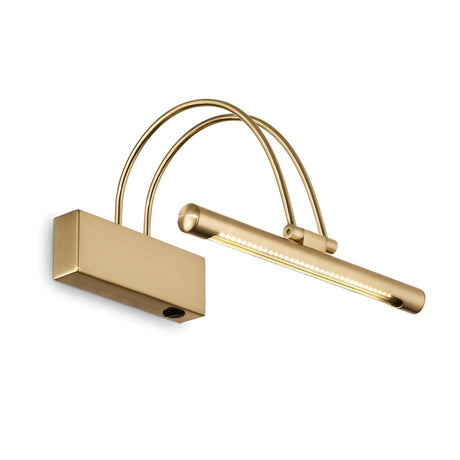 The Felix LED Picture Light 2.5W 3000K - Brass, 26cm features a sleek brass finish, a rectangular base, and two gracefully curved arms. Its energy-efficient cylindrical LED light fixture extends horizontally to add a sophisticated touch to any artwork.
