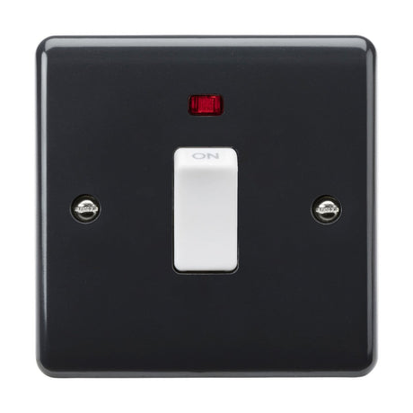 The 20A 1 Gang DP Switch Neon [Part M Compliant], made from durable thermoset resin, includes a black faceplate with two visible screws and features a white toggle labeled "ON" at the center. It also has a small red indicator light above the toggle and is compliant with British Safety standards.