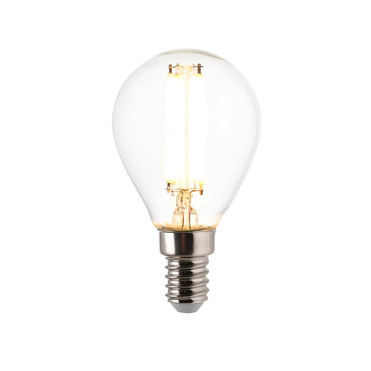 Endon 4.5W E14 LED filament golf bulb with clear round glass, visible warm white filaments and small Edison screw cap, shown on a plain white background.