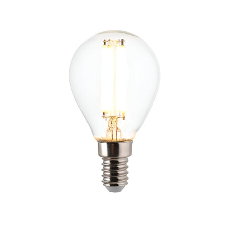 Endon 4.5W E14 LED filament golf bulb with clear round glass, visible warm white filaments and small Edison screw cap, shown on a plain white background.