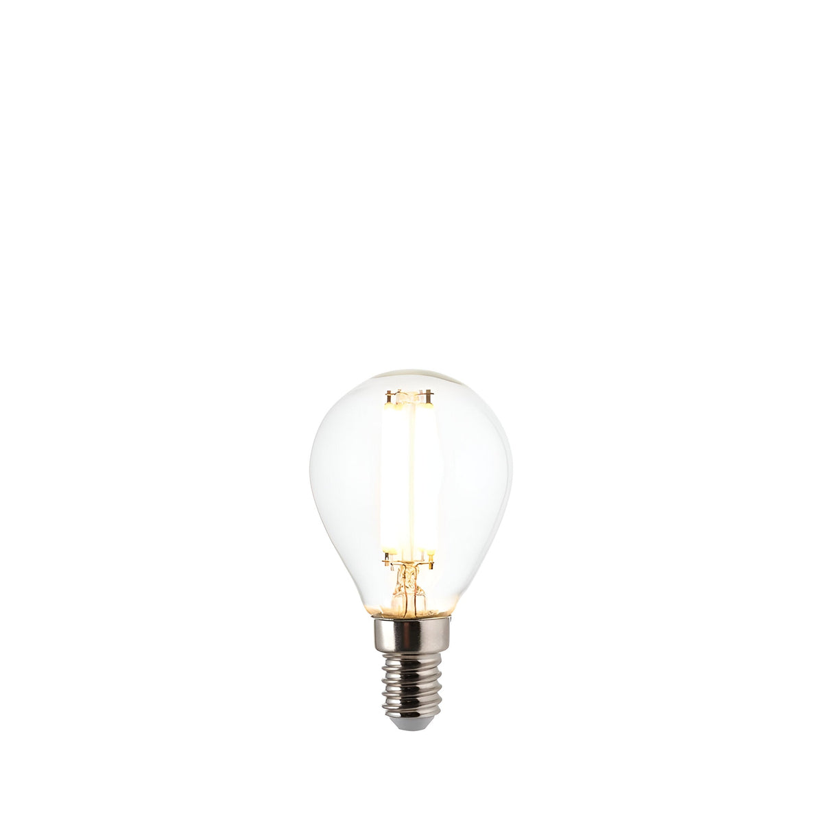 Endon 4.5W E14 LED filament golf bulb in warm white with clear round glass and visible filaments, shown on a plain white background.