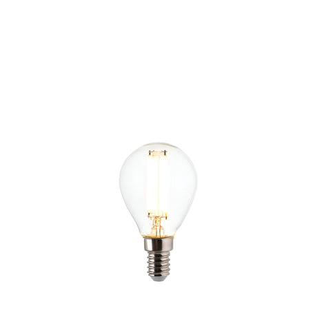 Endon 4.5W E14 LED filament golf bulb in warm white with clear round glass and visible filaments, shown on a plain white background.
