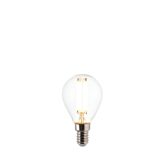 Endon 4.5W E14 LED filament golf bulb in warm white with clear round glass and visible filaments, shown on a plain white background.