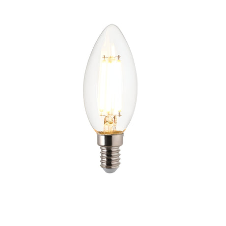 Endon 4.5W E14 LED filament candle bulb with clear glass, tapered tip and visible warm white filaments on a plain white background.
