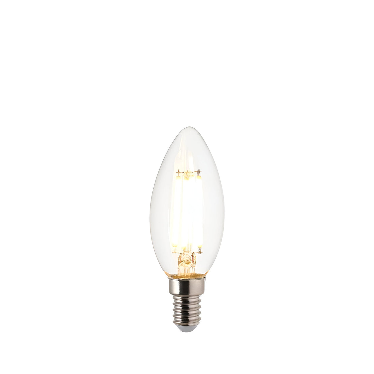 Endon 4.5W E14 LED filament candle bulb with clear glass, tapered tip and visible warm white filaments on a plain white background.