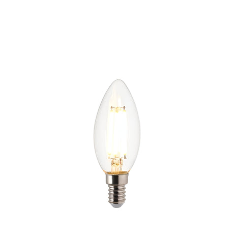 Endon 4.5W E14 LED filament candle bulb with clear glass, tapered tip and visible warm white filaments on a plain white background.
