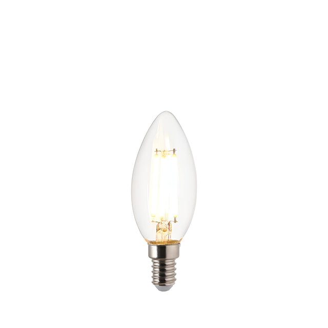 Endon 4.5W E14 LED filament candle bulb with clear glass, tapered tip and visible warm white filaments on a plain white background.