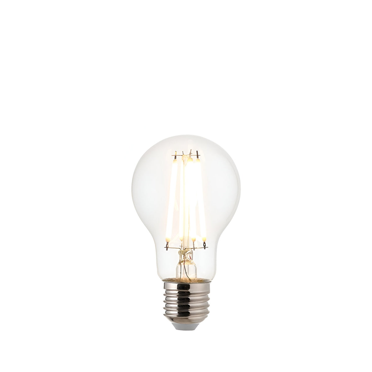 Endon 7W E27 LED filament GLS bulb with clear glass, visible warm white filaments and Edison screw cap on a plain white background.