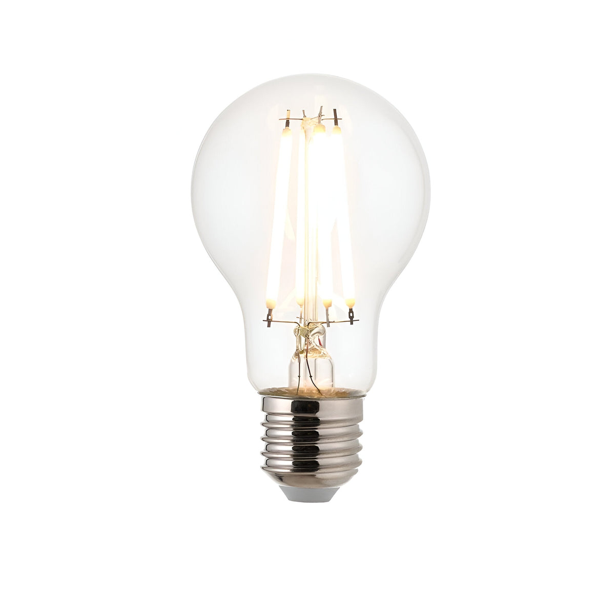 Endon 7W E27 LED filament GLS bulb illuminated warm white, showing clear glass with visible LED filaments and screw cap, on a plain white background.