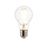 Endon 7W E27 LED filament GLS bulb illuminated warm white, showing clear glass with visible LED filaments and screw cap, on a plain white background.