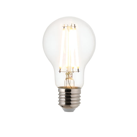 Endon 7W E27 LED filament GLS bulb illuminated warm white, showing clear glass with visible LED filaments and screw cap, on a plain white background.