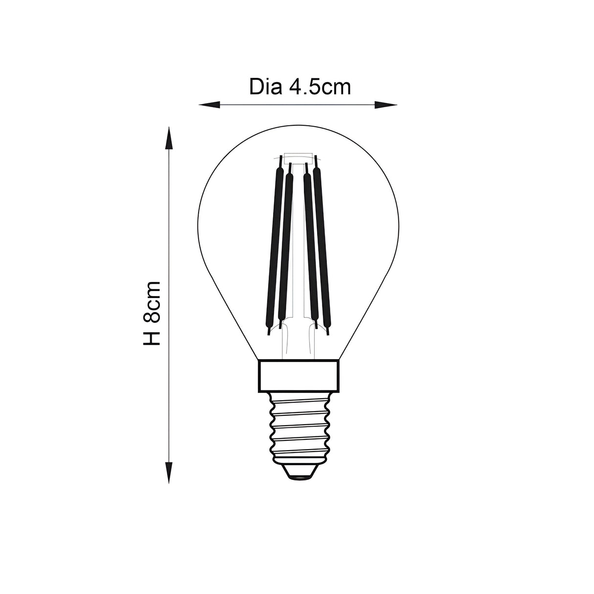 Technical line drawing of the Endon 2.2W E14 LED filament golf bulb showing dimensions of 4.5cm diameter and 8cm height on a white background.