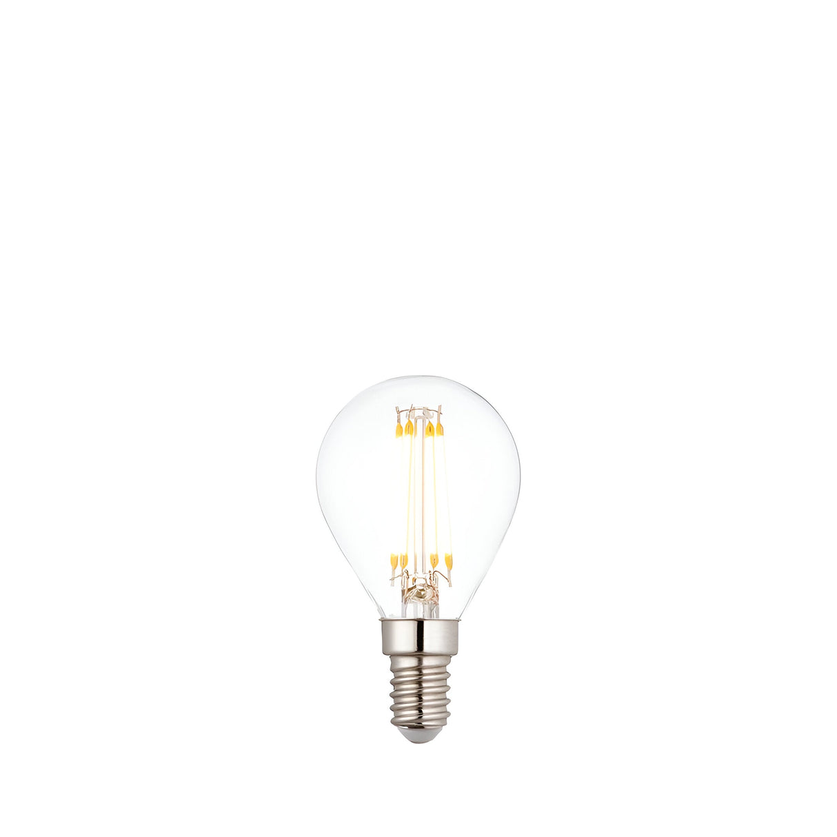Endon 2.2W E14 LED filament golf bulb in warm white, with clear round glass showing the LED filaments and a small Edison screw cap, on a white background.