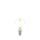 Endon 2.2W E14 LED filament golf bulb in warm white, with clear round glass showing the LED filaments and a small Edison screw cap, on a white background.