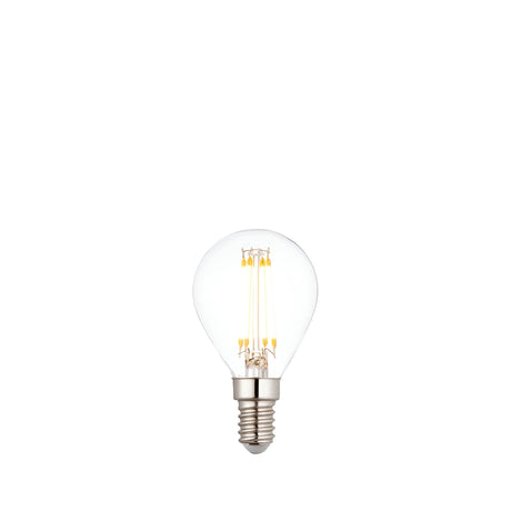 Endon 2.2W E14 LED filament golf bulb in warm white, with clear round glass showing the LED filaments and a small Edison screw cap, on a white background.