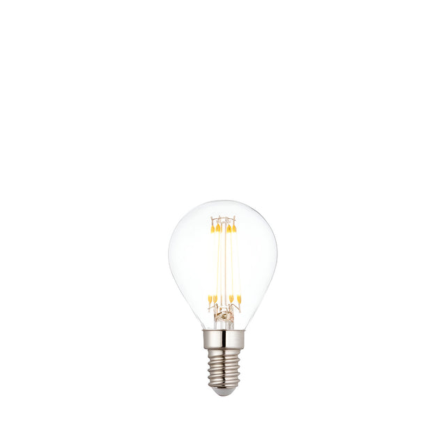 Endon 2.2W E14 LED filament golf bulb in warm white, with clear round glass showing the LED filaments and a small Edison screw cap, on a white background.