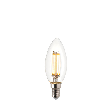 Endon 2.2W E14 LED filament candle bulb with clear glass, tapered tip and visible warm white filaments on a plain white background.