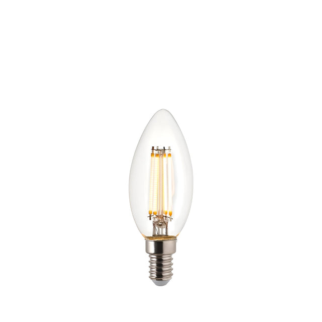 Endon 2.2W E14 LED filament candle bulb with clear glass, tapered tip and visible warm white filaments on a plain white background.