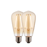 Endon 2W E27 LED filament pear bulbs in a 2 pack, with amber tinted glass and visible filaments on a plain white background.