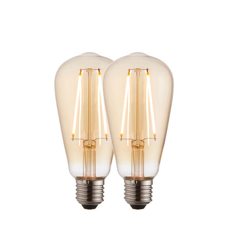 Endon 2W E27 LED filament pear bulbs in a 2 pack, with amber tinted glass and visible filaments on a plain white background.