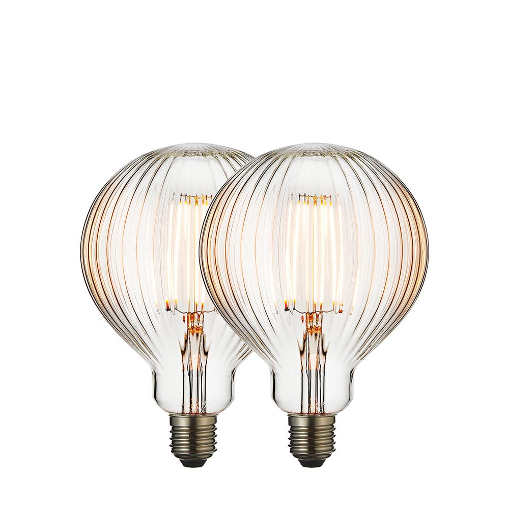 Endon 4W E27 LED filament globe bulbs in a 2 pack, ribbed clear glass with visible warm white filaments and silver screw caps, on a white background.