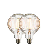 Endon 4W E27 LED filament globe bulbs in a 2 pack, ribbed clear glass with visible warm white filaments and silver screw caps, on a white background.