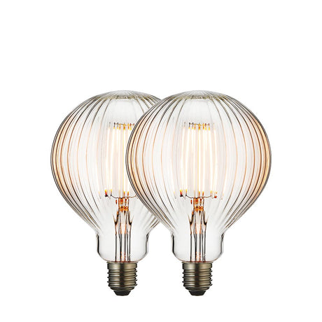 Endon 4W E27 LED filament globe bulbs in a 2 pack, ribbed clear glass with visible warm white filaments and silver screw caps, on a white background.