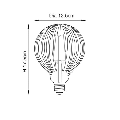 Endon 4W E27 LED filament globe bulb technical drawing showing 12.5cm diameter and 17.5cm height with visible screw cap and internal filament.