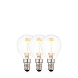 Endon 4W E14 LED filament golf bulbs in a 3-pack, clear glass with visible warm white LED filaments and silver screw caps, on a plain white background.