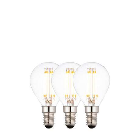 Endon 4W E14 LED filament golf bulbs in a 3-pack, clear glass with visible warm white LED filaments and silver screw caps, on a plain white background.