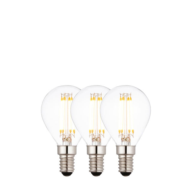 Endon 4W E14 LED filament golf bulbs in a 3-pack, clear glass with visible warm white LED filaments and silver screw caps, on a plain white background.