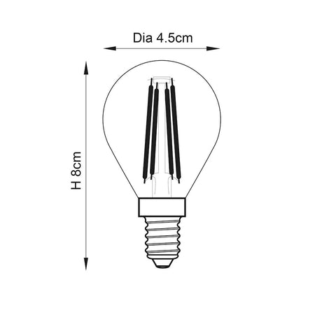 Technical line drawing of the Endon 4W E14 LED filament golf bulb showing 4.5cm diameter and 8cm height on a plain white background.