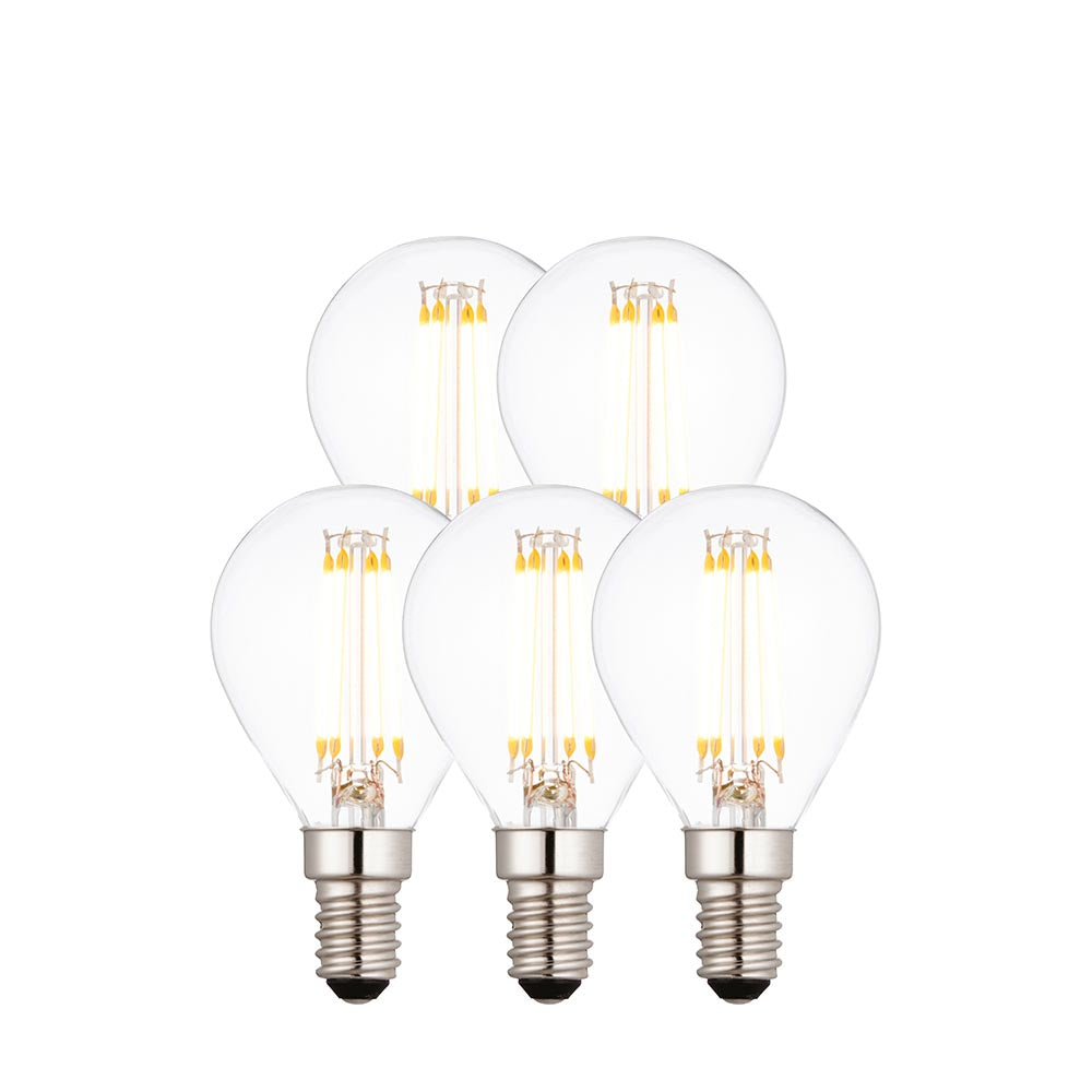 Endon 4W E14 LED filament golf bulbs in a 5-pack, clear glass with visible warm white filaments and silver screw caps, shown on a plain white background.