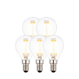 Endon 4W E14 LED filament golf bulbs in a 5-pack, clear glass with visible warm white filaments and silver screw caps, shown on a plain white background.