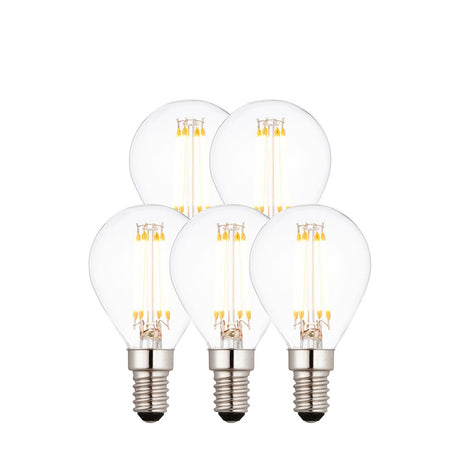 Endon 4W E14 LED filament golf bulbs in a 5-pack, clear glass with visible warm white filaments and silver screw caps, shown on a plain white background.