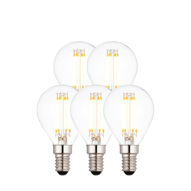 Endon 4W E14 LED filament golf bulbs in a 5-pack, clear glass with visible warm white filaments and silver screw caps, shown on a plain white background.