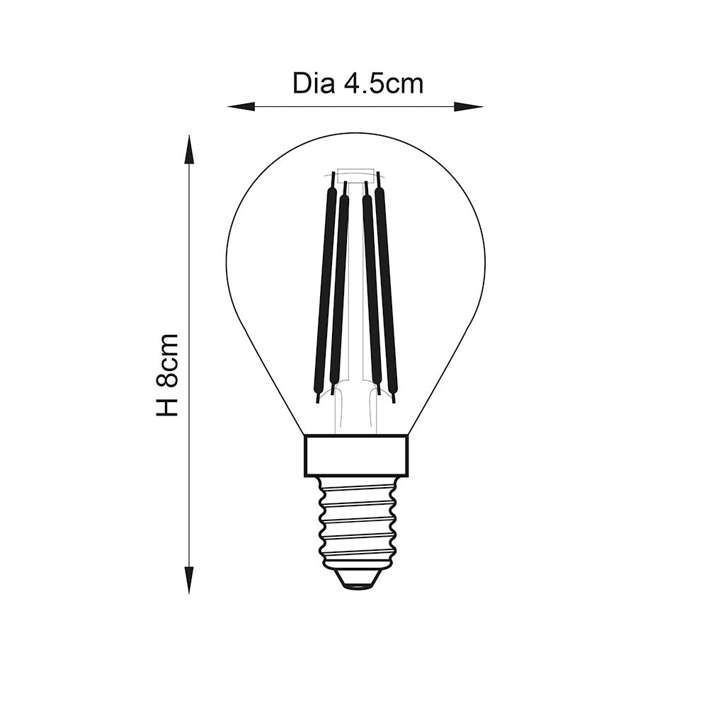 Technical line drawing of the Endon 4W E14 LED filament golf bulb showing 4.5cm diameter and 8cm height on a plain white background.