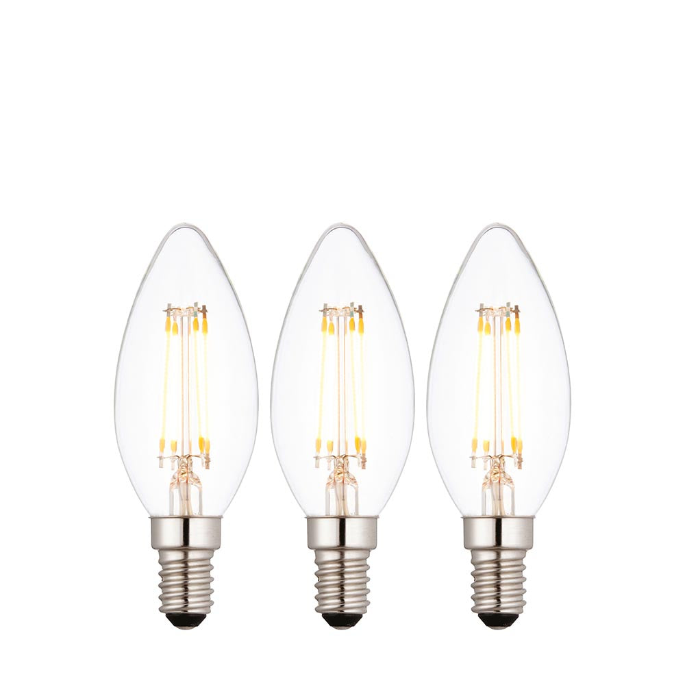 Endon 4W E14 LED filament candle bulbs in a 3 pack, clear glass with tapered tip and visible warm white filaments, on a plain white background.