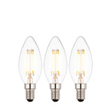 Endon 4W E14 LED filament candle bulbs in a 3 pack, clear glass with tapered tip and visible warm white filaments, on a plain white background.