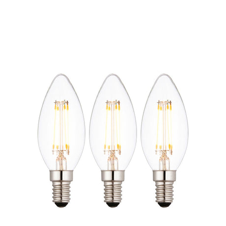 Endon 4W E14 LED filament candle bulbs in a 3 pack, clear glass with tapered tip and visible warm white filaments, on a plain white background.