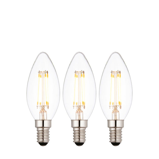 Endon 4W E14 LED filament candle bulbs in a 3 pack, clear glass with tapered tip and visible warm white filaments, on a plain white background.